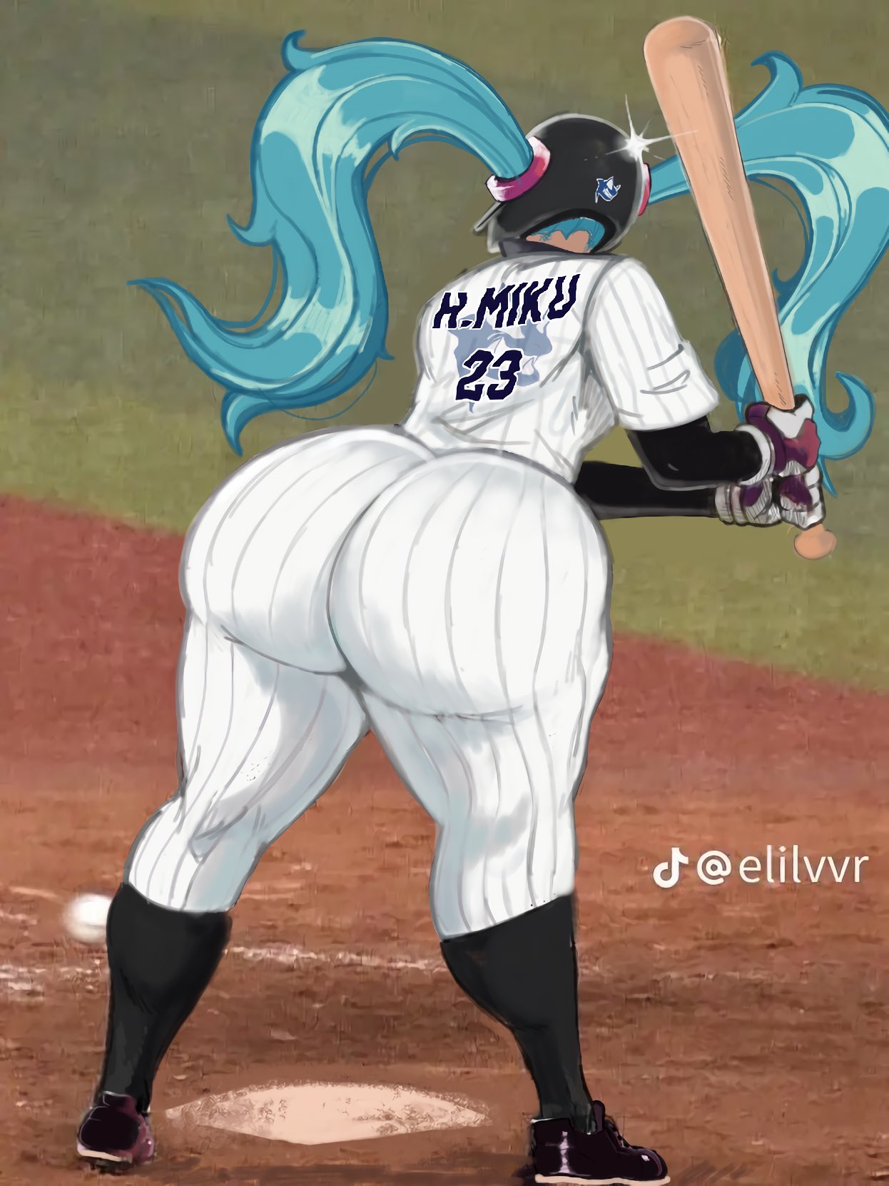 1girls 2024 artist_request ass back_view baseball baseball_bat baseball_helmet baseball_jersey baseball_uniform big_ass blue_hair bubble_butt clothed dumptruck_ass female female_focus female_only hatsune_miku huge_ass hyper_ass sport sports sports_uniform thick_thighs twitter_link vocaloid