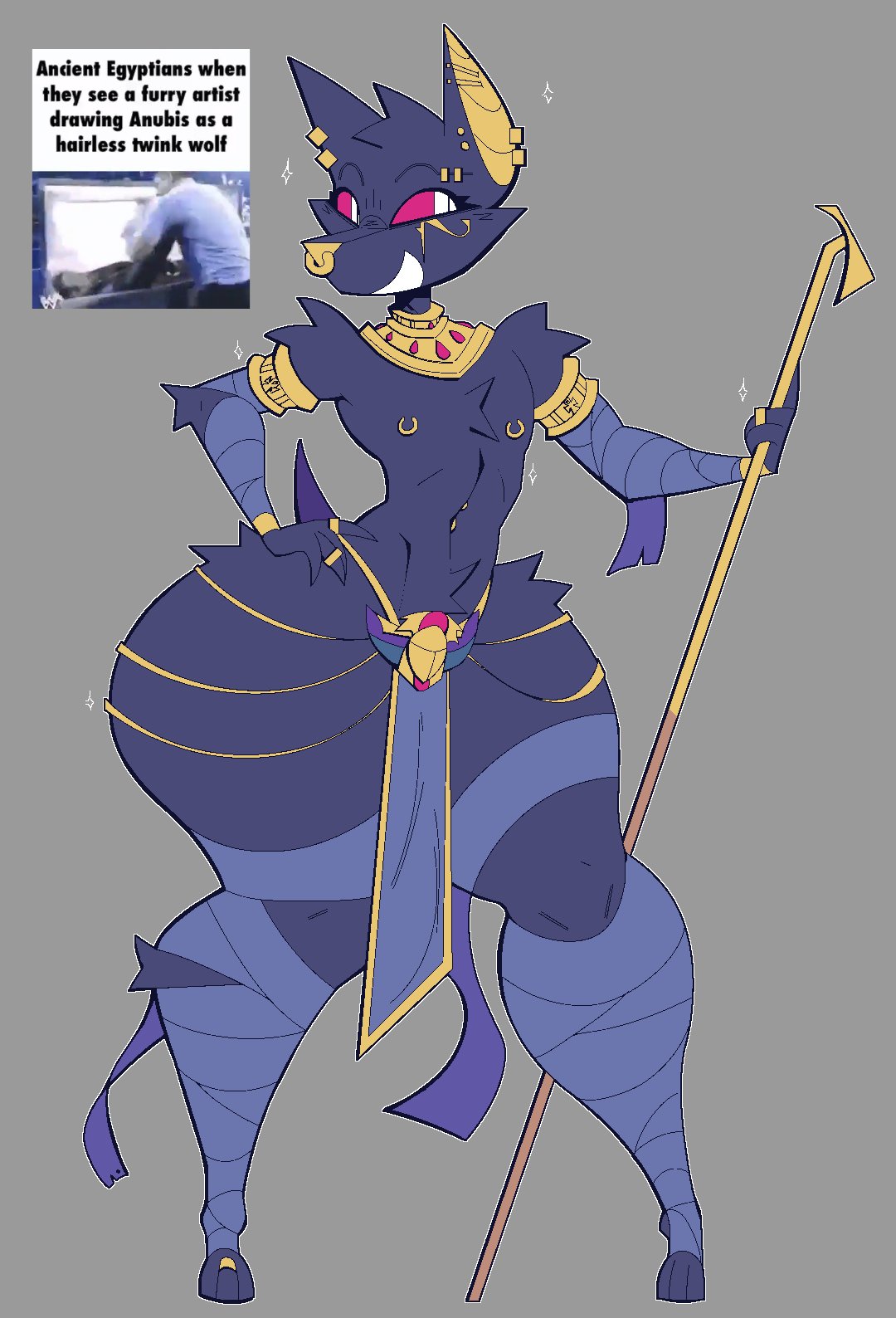 1animal anthro anubis bandage bandages big_ass big_butt big_calves big_thighs black_body black_fur black_hair egyptian egyptian_clothes egyptian_mythology femboy furry huge_ass huge_butt huge_thighs male male_focus male_only meme piercings smiling_at_viewer thick_ass thick_calves thick_thighs xexeezy