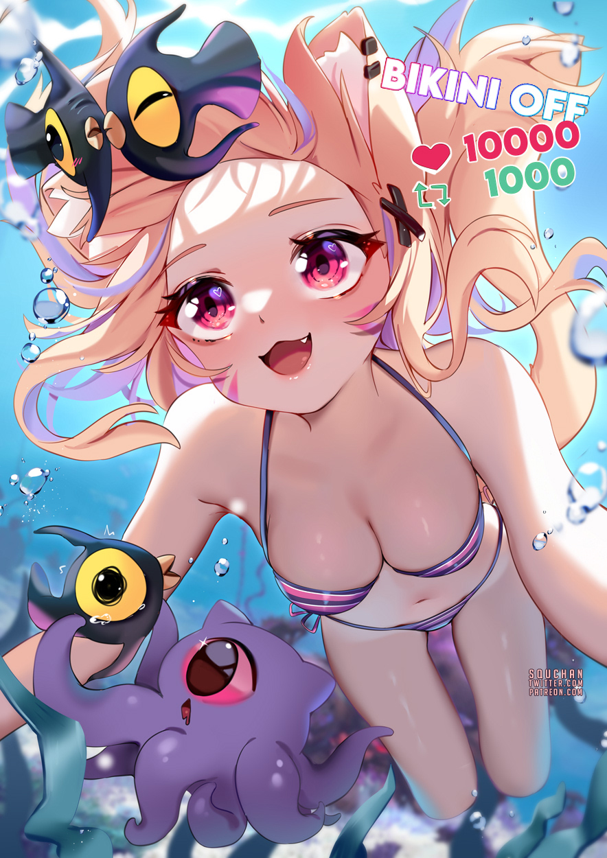 1girls bikini blonde_hair breasts cat_ears cat_tail catgirl face_markings female red_eyes squchan squchan_(vtuber) subnautica swimsuit thigh_gap underwater virtual_youtuber vyugen