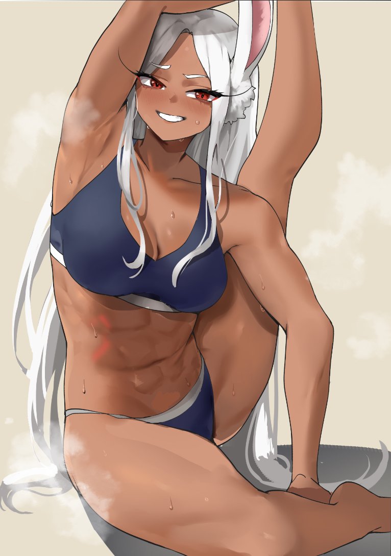 1girls dark-skinned_female dark_skin female female_focus female_only looking_at_viewer miruko my_hero_academia rumi_usagiyama solo solo_female solo_focus stretch stretching white_hair yotahen