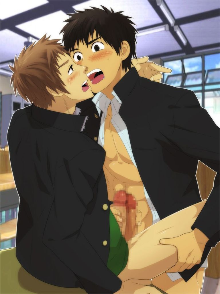 2boys blush bottomless desk frottage gay handjob male multiple_boys penis_grab resfrio school_uniform sitting student unbuttoned yaoi