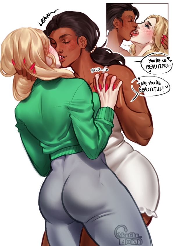 2girls black_hair blonde_hair dark_skin green_shirt holding_hands kissing large_ass meme meuchu nice_wig_by_the_way original_character pants shirt tank_top text twitter white_pants white_tank_top yuri