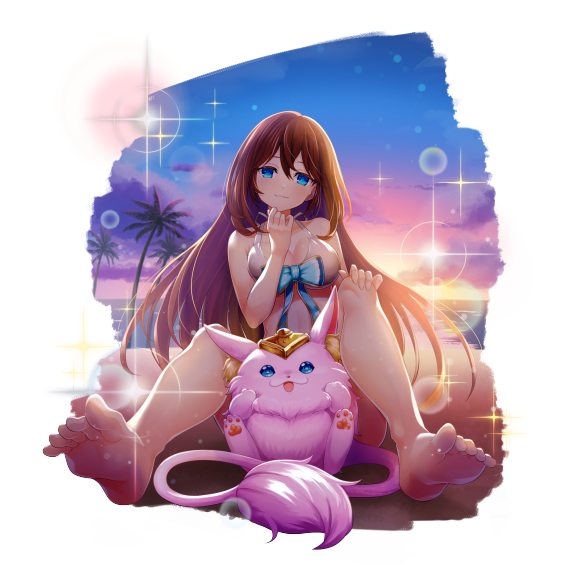 1girls beach blue_eyes brown_hair feet female female_only grand_summoners iris_(grand_summoners) official_alternate_costume official_art rolly_(grand_summoners) spread_legs sunset swimsuit swimwear tagme