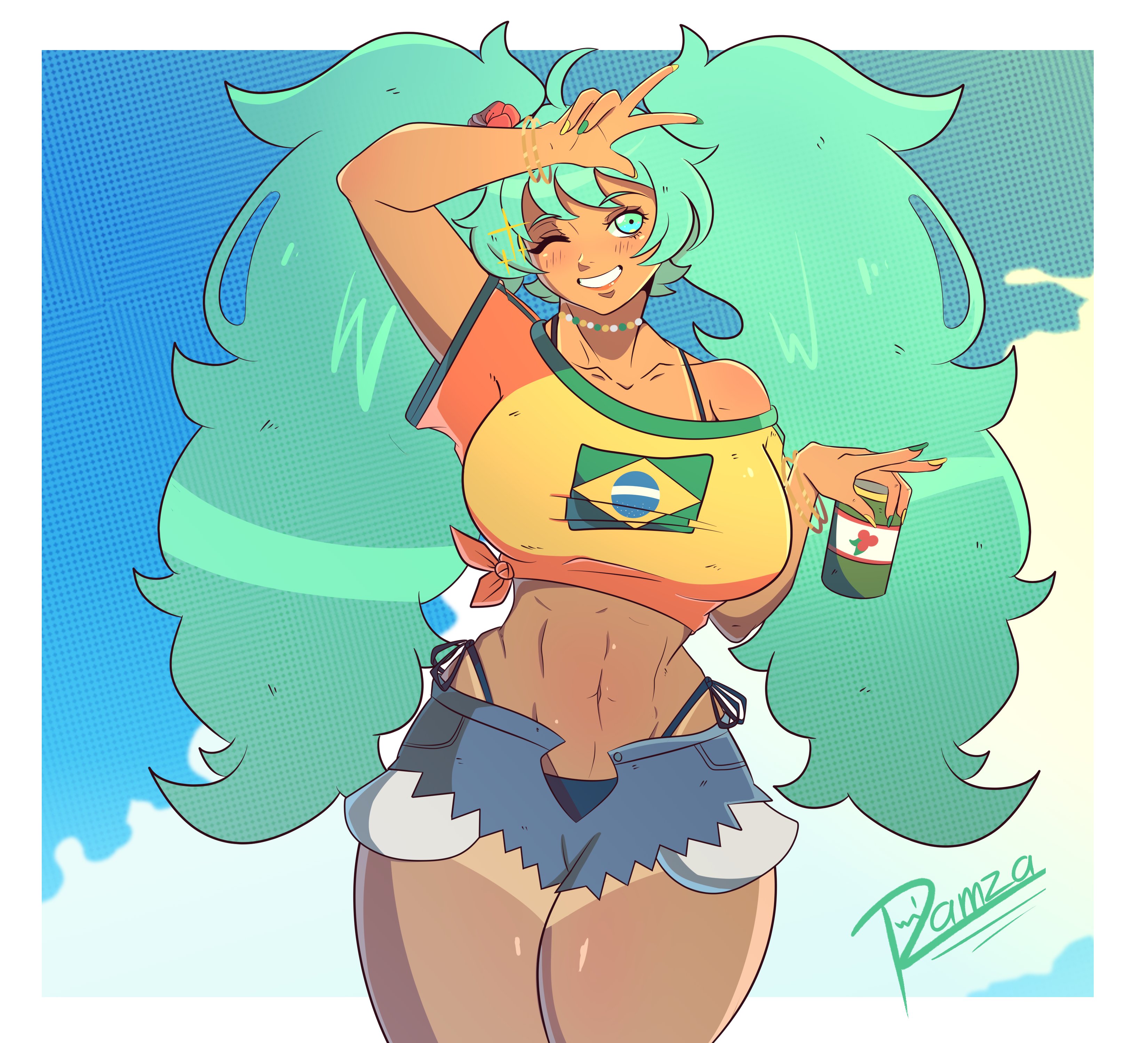 1girl, 1girls, abs, aqua eyes, aqua hair, arm up, ass, big ass, big breasts, big hair, big thighs, bikini under clothes, blush, borrowed character, brazil, brazilian, brazilian female, brazilian miku, breasts, choker, cowboy shot, crop top, cyan eyes, cyan hair, dark skin, dark-skinned female, denim, denim shorts, female, female only, flower, green hair, green nails, hatsune miku, huge ass, huge breasts, huge thighs, jewelry, large breasts, latin american hatsune miku (meme), long hair, looking at viewer, midriff, navel, one eye closed, ramzasoy, shirt, shorts, smile, solo, tagme, tan, tan body, thick hips, thick thighs, thighs, thong, twintails, underwear, v, very long hair, vocaloid, yellow shirt