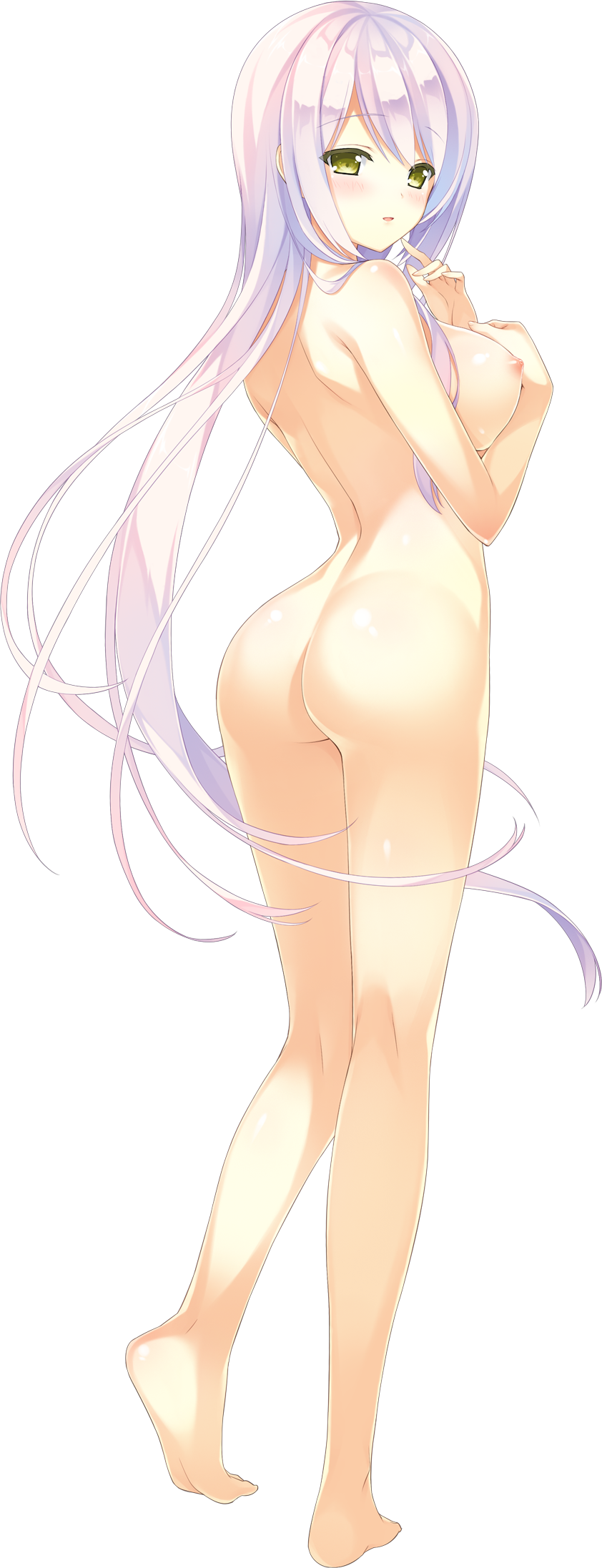 :o ashishun ass barefoot breasts female full_body green_eyes highres kuryuu_mashiro large_breasts long_hair looking_back nipples nude official_art pink_hair primal_hearts_2 solo transparent_background very_long_hair