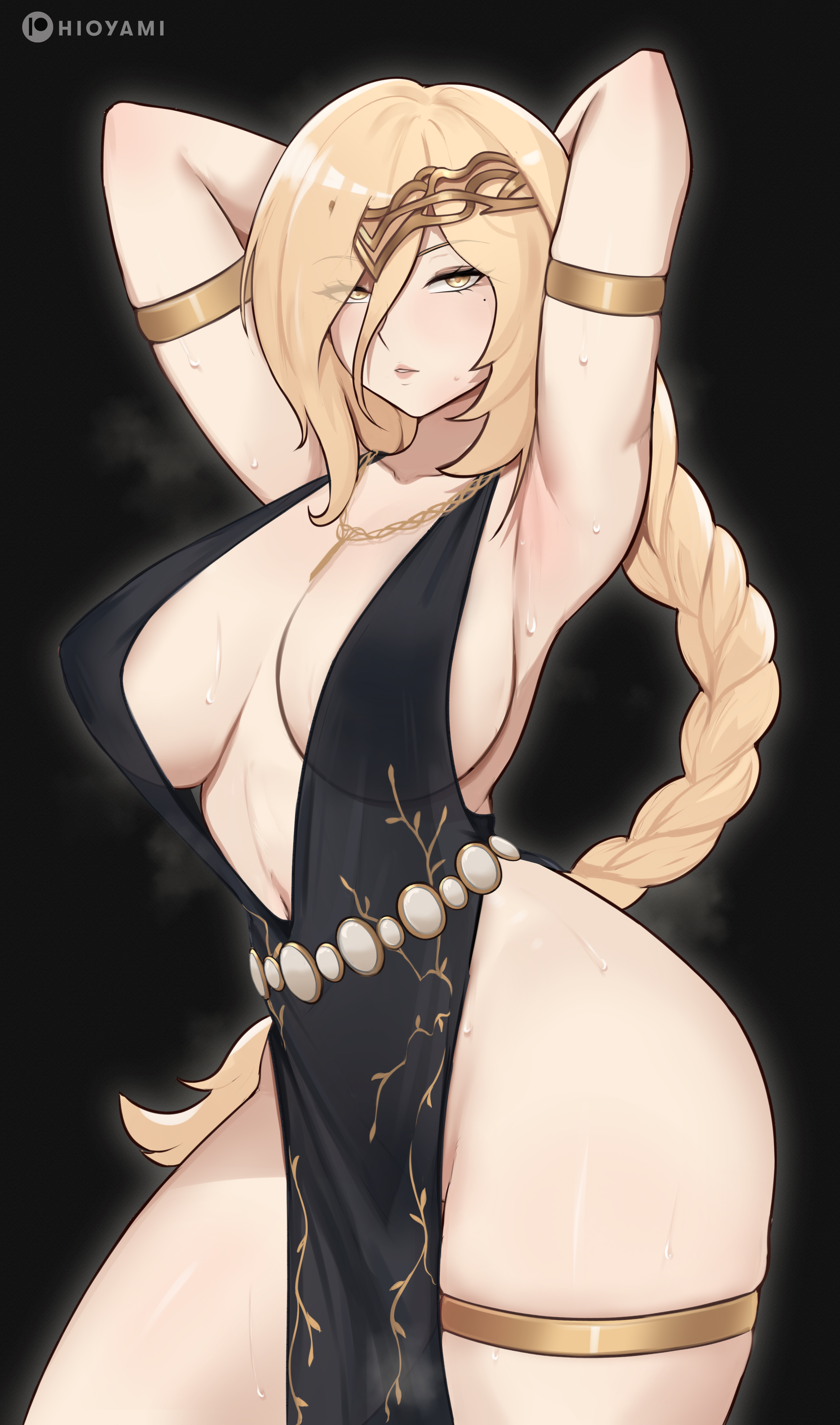 1girls, absurd res, alternate hairstyle, big breasts, breasts, elden ring, female, female focus, female only, hi res, highres, hioyami, hourglass figure, huge breasts, large breasts, light skin, light-skinned female, long hair, looking at viewer, no bra, no panties, queen marika the eternal, slim waist, solo, solo female, solo focus, thick thighs, thighs, wide hips