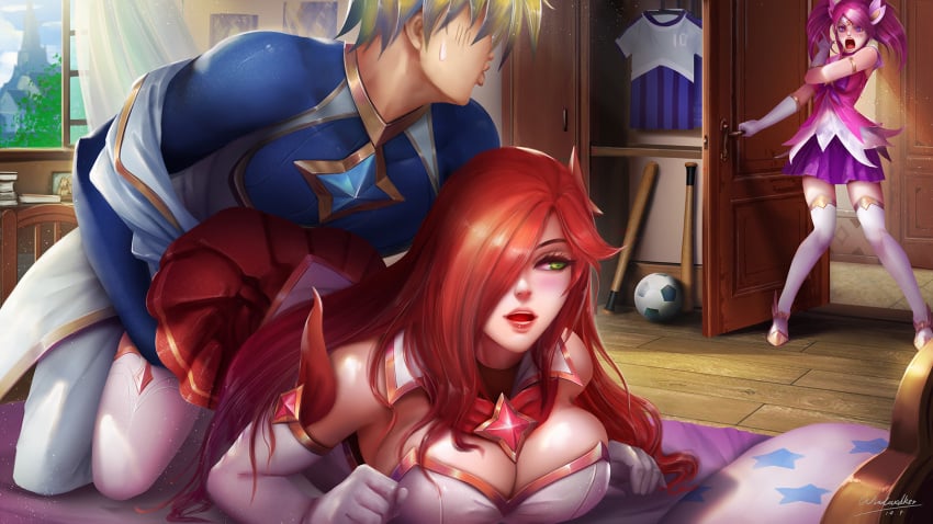 all_fours angry bedroom bent_over breasts caught caught_in_the_act cheating cleavage cuckquean ezreal implied_sex jealous large_breasts league_of_legends luxanna_crownguard magical_girl miss_fortune nonude on_bed open_door riot_games shocked star_guardian_ezreal star_guardian_lux star_guardian_miss_fortune star_guardian_series sweatdrop thighhighs windwalker