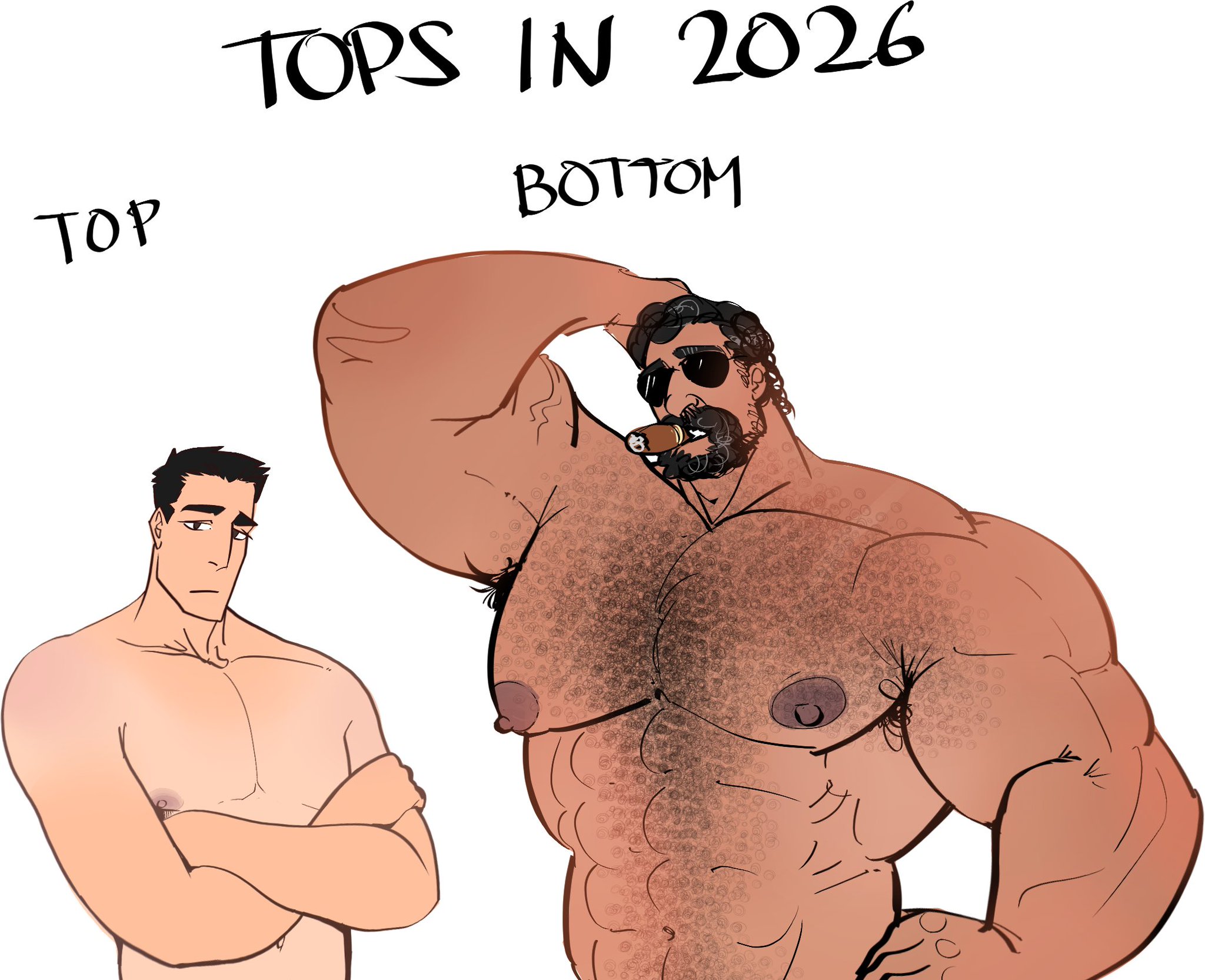 bara, beard, big pecs, bopehol, chest hair, daddy, dilf, gay, gays in 2025 be like, hairy, hairy armpits, hairy chest, hand behind head, male, male focus, male only, meme, muscular, muscular male, oc, original character, size difference, small dom big sub, small top big bottom, smoking, sunglasses