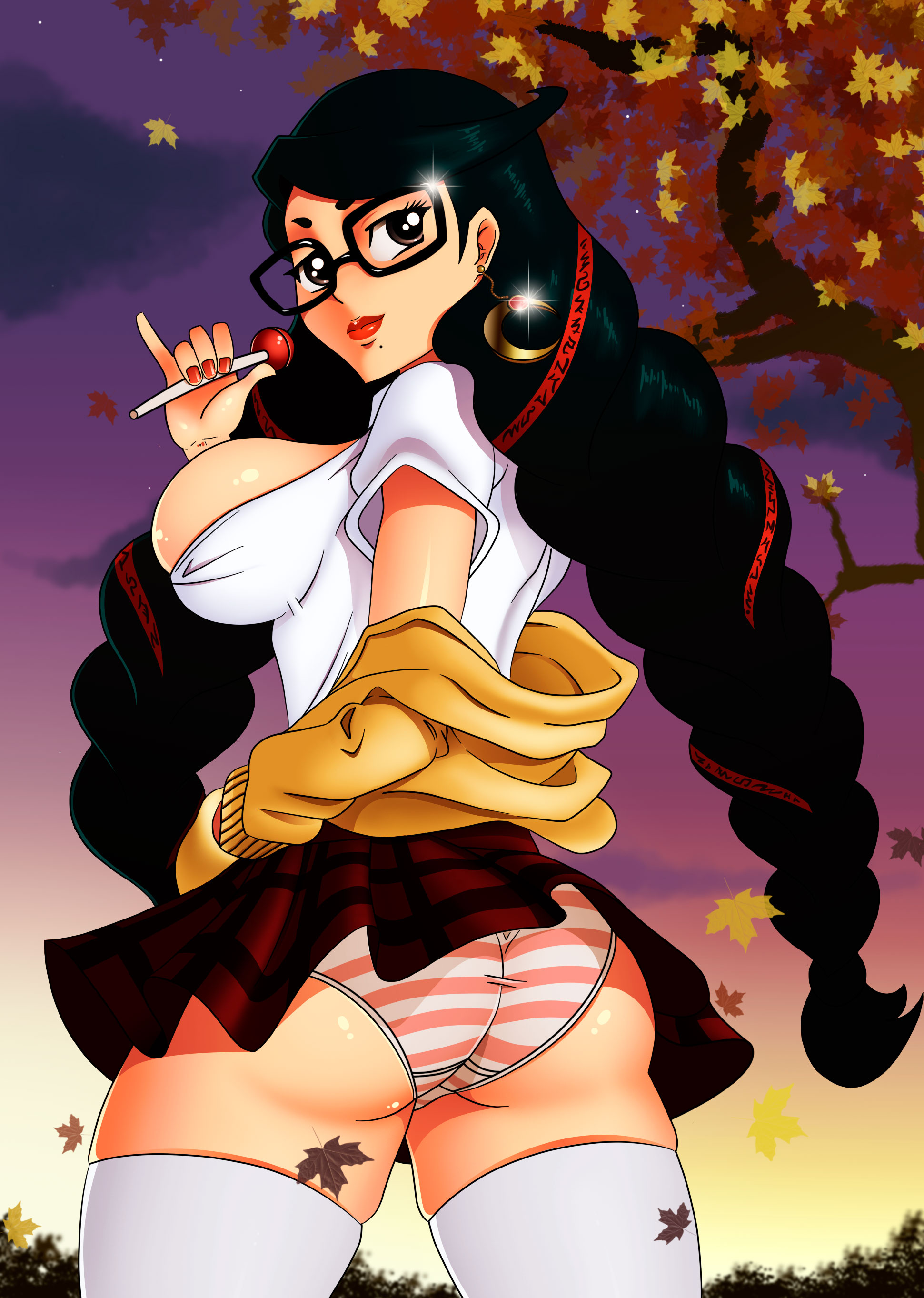 back view, bayonetta, bayonetta (character), chacrawarrior, female, panties, school uniform, schoolgirl, solo, striped panties, upskirt