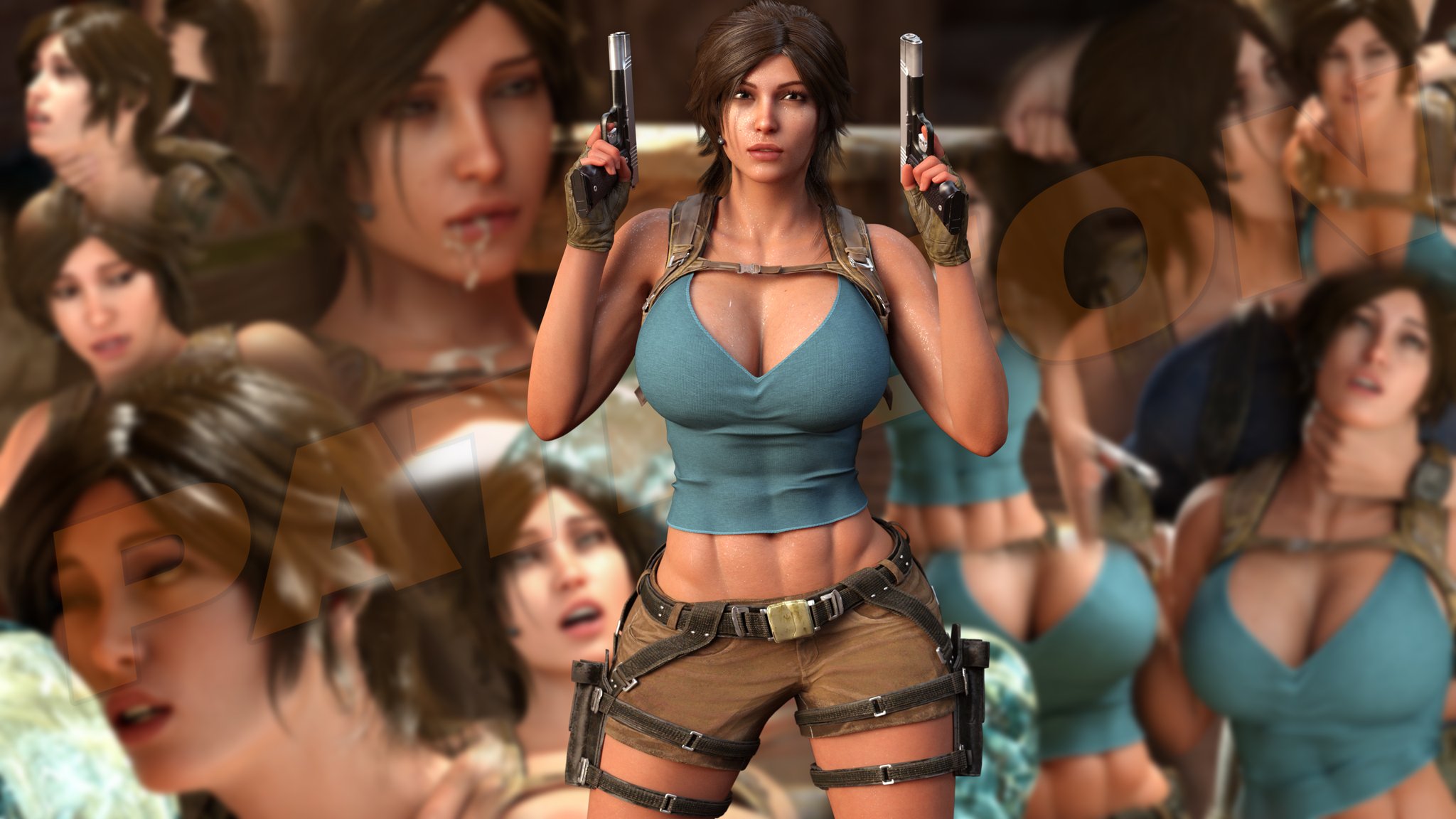 1girls, 3d, abs, athletic, athletic female, bare shoulders, belt, big breasts, breasts, brown eyes, brown hair, bust, busty, chest, cleavage, collarbone, cowboy shot, female, female only, fingerless gloves, gun, hips, holding gun, holster, lara croft, large breasts, legs, light skin, light-skinned female, looking at viewer, mature, mature female, midriff, no bra, otacon212, shorts, slim waist, sweat, thick, thighs, tomb raider, top heavy, voluptuous, voluptuous female, waist