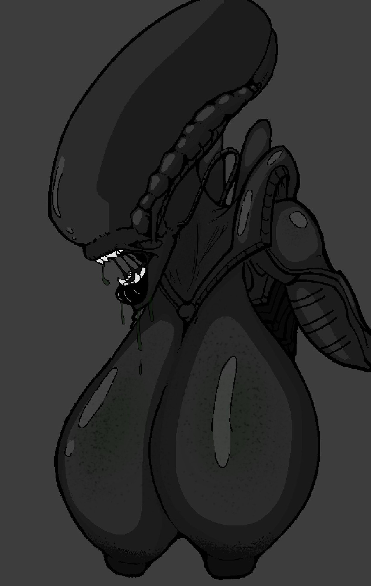 1girls, 2d, alien (franchise), alien girl, big breasts, breasts, drooling, female, female only, female xenomorph, nipples, open mouth, solo, solo female, xenomorph