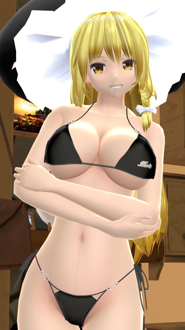 1girls 2023 3d arms_crossed belly_button bikini black_bikini blonde_hair_female breasts clavicle cleavage hat hati_yukkuri_mmd headwear hips indoors interior_background jpeg light_skinned_female long_hair_female looking_at_viewer marisa_kirisame midriff mmd smiling_at_viewer solo_female solo_focus swimsuit touhou waist witch_hat yellow_eyes_female