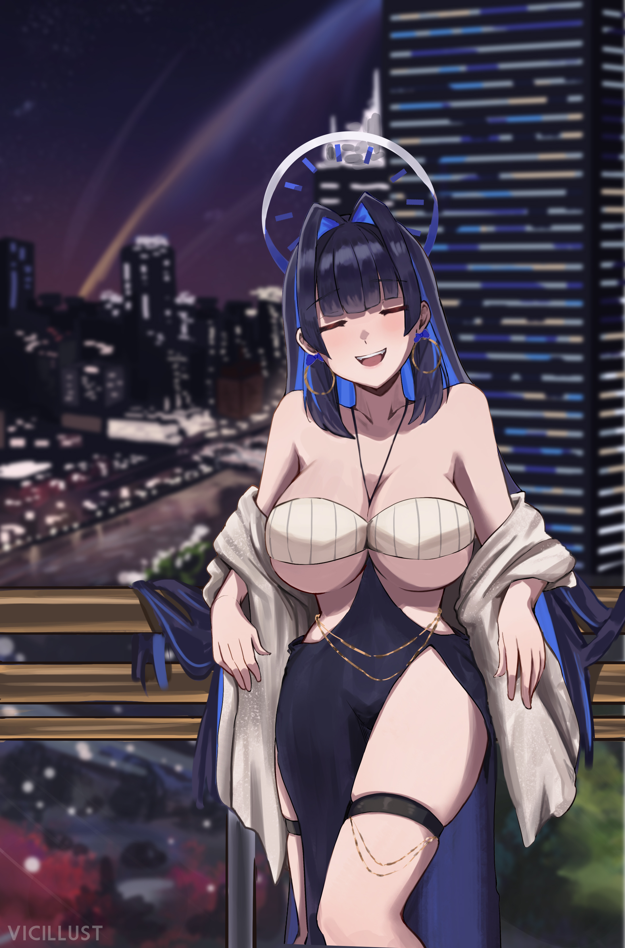 1girls, blue hair, blush, breasts, city, cleavage, closed eyes, clothed, clothing, earrings, female, female only, halo, hololive, hololive english, hololive english -council-, hololive english -promise-, huge breasts, light skin, light-skinned female, night, ouro kronii, outdoors, relaxing, solo, vicarious (vicillust), virtual youtuber