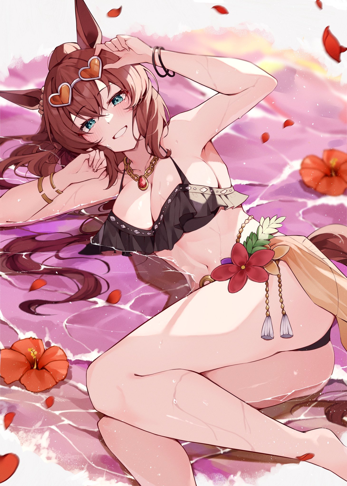 1girls, artist request, ass, bare midriff, bikini, breasts, cleavage, eyewear on head, female, female only, flower, flowers, glasses, heart-shaped glasses, horse ears, horse girl, horse tail, large breasts, long hair, looking at viewer, maruzensky (umamusume), midriff, navel, smile, smiling, smiling at viewer, solo, sunglasses, swimsuit, thighs, umamusume, umamusume pretty derby, water
