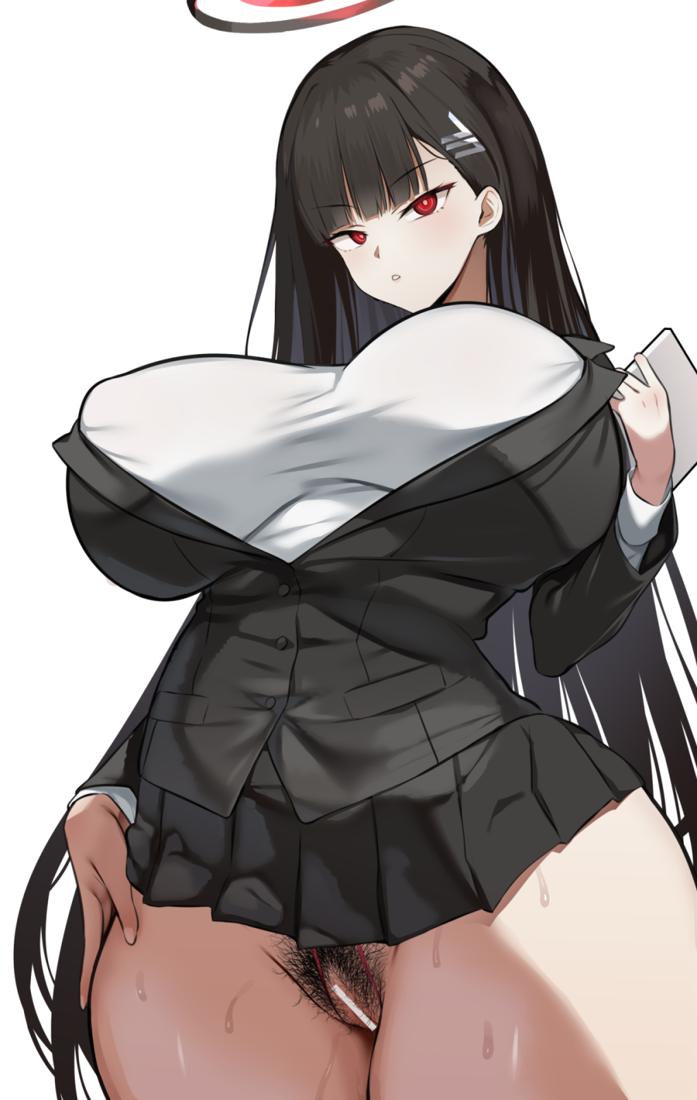 bar_censor black_hair black_halo black_jacket black_skirt blazer blue_archive blush breasts bright_pupils censored crotchless crotchless_swimsuit female female_pubic_hair from_below furau hair_ornament hairclip hairpin halo highres holding holding_tablet_pc jacket large_breasts long_hair long_sleeves looking_at_viewer open_mouth pleated_skirt pubic_hair pussy red_eyes red_slingshot_swimsuit rio_(blue_archive) skirt slingshot_swimsuit solo standing sweat swimsuit swimsuit_under_clothes tablet_pc very_long_hair white_pupils