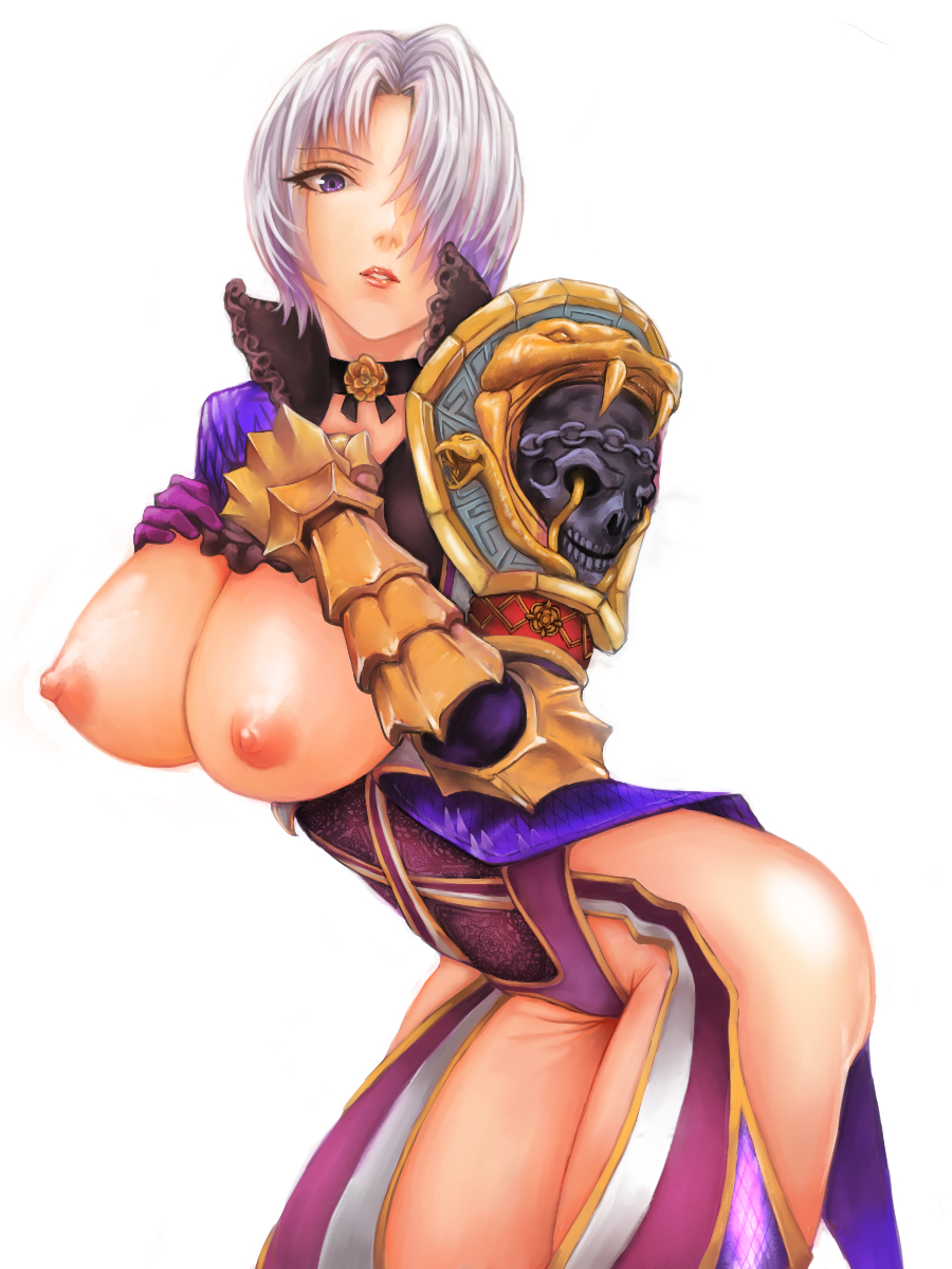 1girls, ass, breastless clothes, breasts, female, gauntlet, hair over one eye, isabella valentine, large breasts, leotard, namco, nipples, pocari66, purple eyes, silver hair, solo, soul calibur