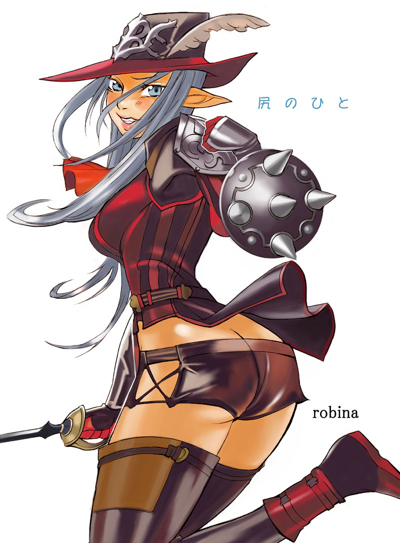 armor ass ass_cleavage butt_crack elf elvaan female female_only final_fantasy final_fantasy_xi hotpants pointy_ears red_mage robina shiny shiny_clothes short_shorts shorts solo sword thighhighs weapon white_hair