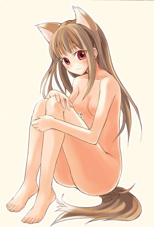 1girls animal_ears barefoot blush female holo nude otabe_sakura small_breasts solo spice_and_wolf tail wolf_ears