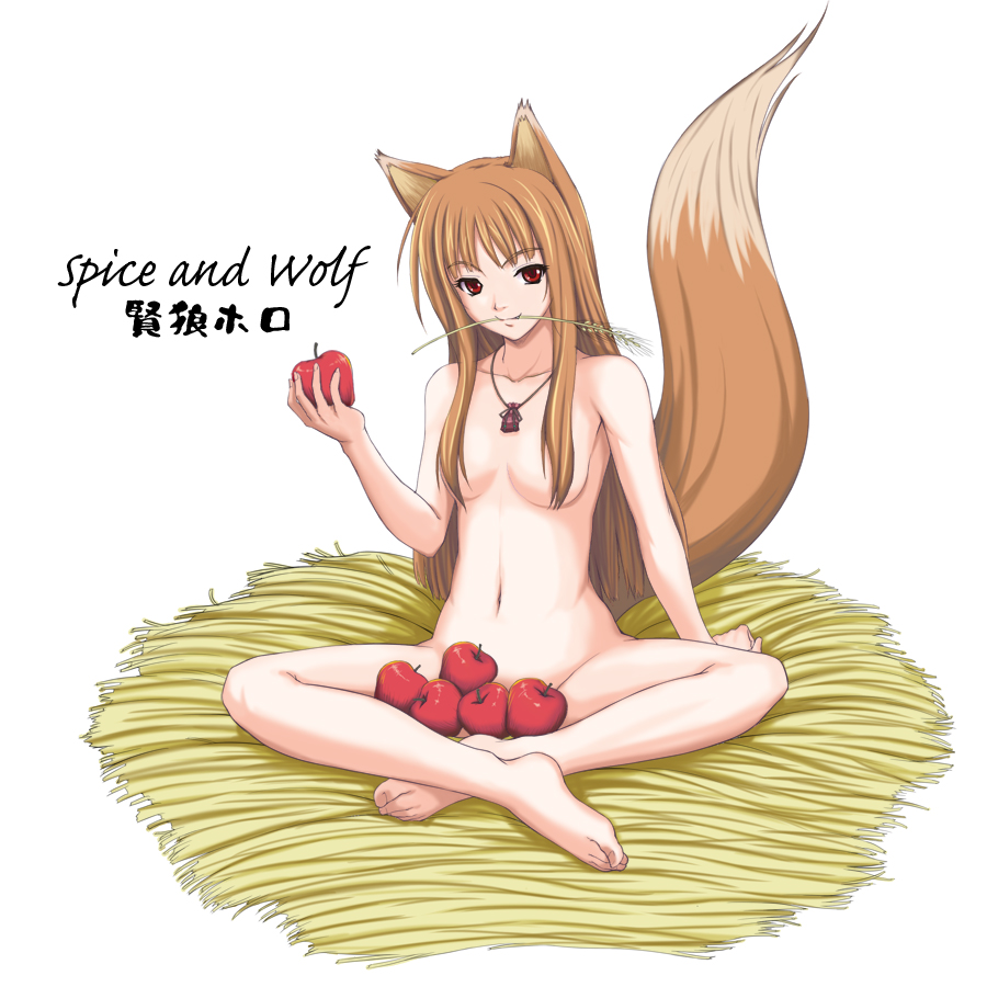 1girls animal_ears apple apples barefoot brown_hair feet food fruit holding holding_apple holding_fruit holo long_hair mouth_hold nude pointy_chin red_eyes small_breasts spice_and_wolf sutein tail wheat wolf_ears