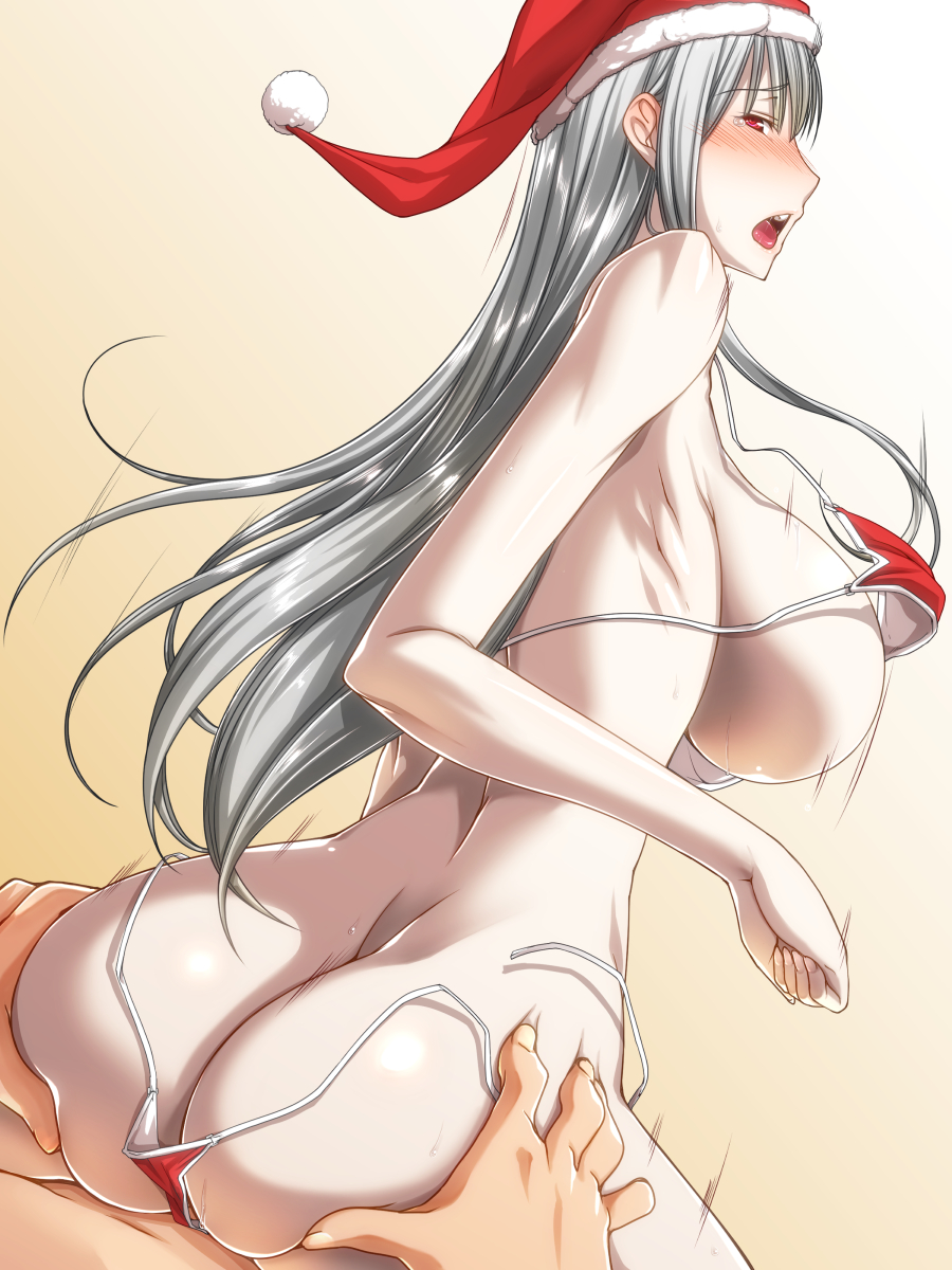 ass ass_grab bikini blush breasts christmas dat_ass ebido female girl_on_top grey_hair hat large_breasts long_hair male open_mouth pale_skin red_eyes reverse_cowgirl_position santa_hat selvaria_bles sex swimsuit tears tongue valkyria_chronicles