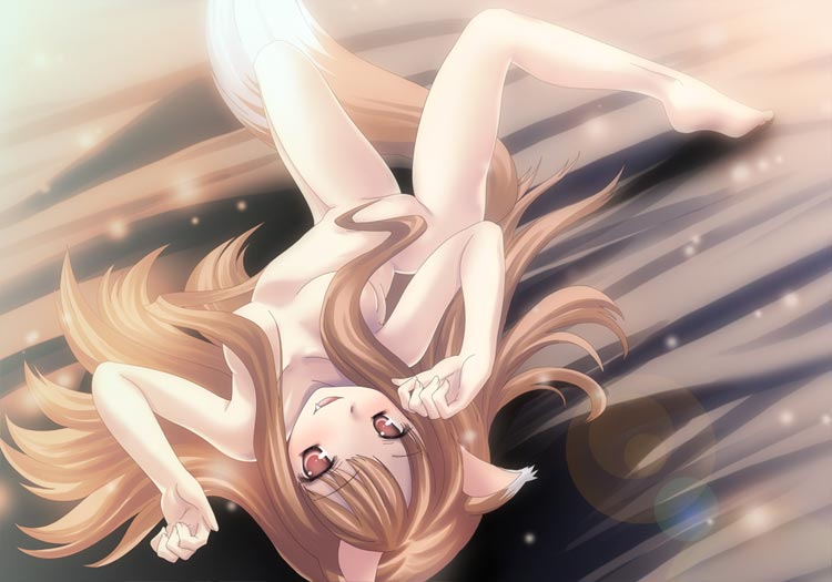 1girls animal_ears barefoot bed breasts brown_hair censor_hair convenient_censoring cute_fang feet female from_above glowing hair_over_breasts hands holo legs lens_flare long_hair lying mound_of_venus namamo_nanase naughty_face nude on_back open_mouth pink_eyes pose small_breasts smile soles solo spice_and_wolf spread_legs tail tomoeda very_long_hair wolf_ears wolf_tail