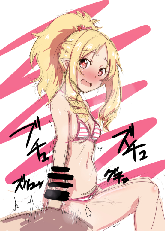 1boy bar_censor bare_arms bare_legs bikini blush bow breasts censored drill_hair eromanga_sensei female green_eyes hairbow handjob long_hair midriff noa_p nose_blush open_mouth penis ponytail pov pov_eye_contact sitting smile solo_focus straight striped striped_bikini swimsuit trembling twin_drills yamada_elf