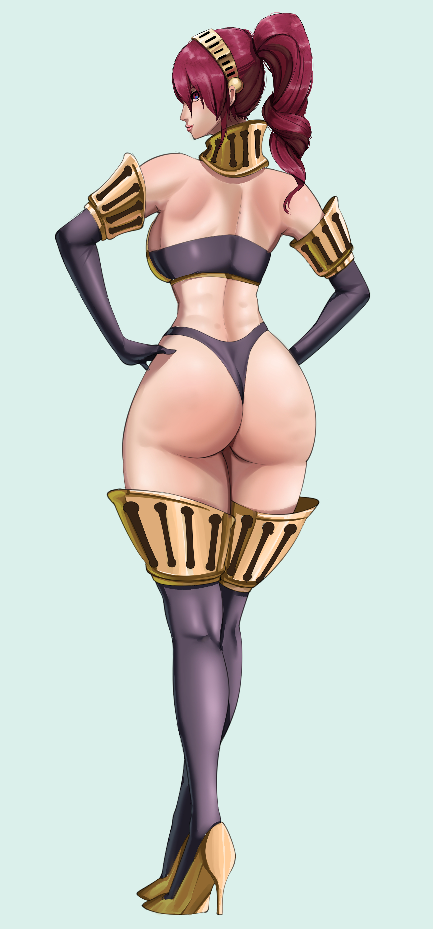 ass, ass focus, atlus, battle panties, butt focus, dat ass, dat butt, heels, high heel boots, high heels, high-cut armor (persona), megami tensei, mitsuru kirijo, mitsuru kirijo (sexy armor), official alternate costume, persona, persona 3, red eyes, red hair, sega, simple background, strictlyserge, thigh boots