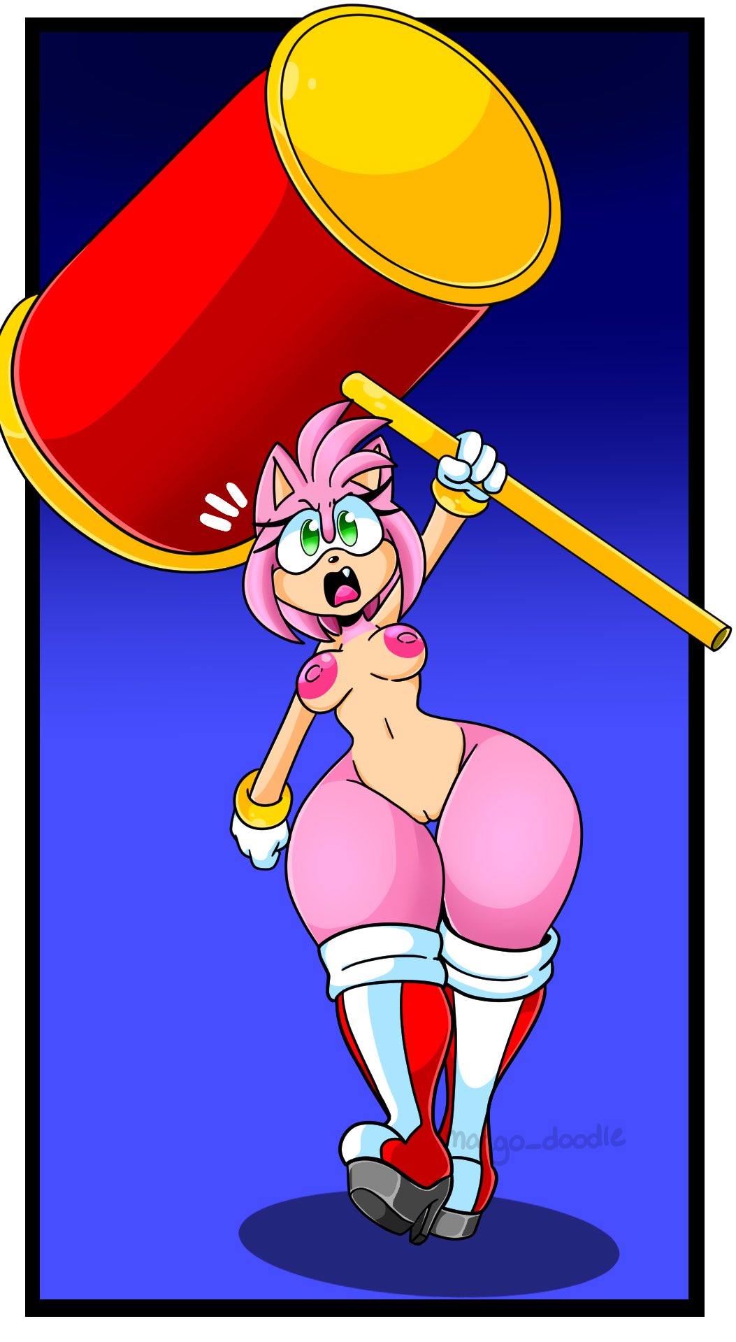 amy_rose angry angry_face bottom_heavy breasts fangs hammer mango_doodling mostly_nude mostly_nude_female pussy sega sonic_(series) thigh_boots wide_hips