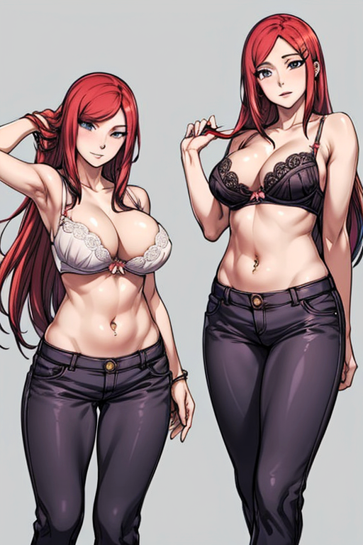 2girls ai_generated belly_button bra light-skinned_female looking_at_viewer midriff naruto_(series) navel red6161 red_hair uzumaki_kushina