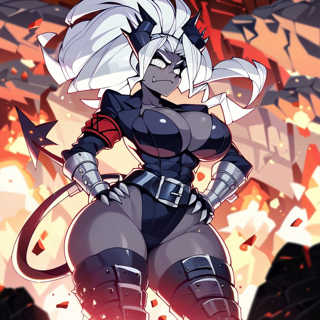 2d ai_generated big_breasts demon demon_girl demon_horns demon_tail helltaker judgement_(helltaker) open_clothes self_upload thick_thighs white_hair