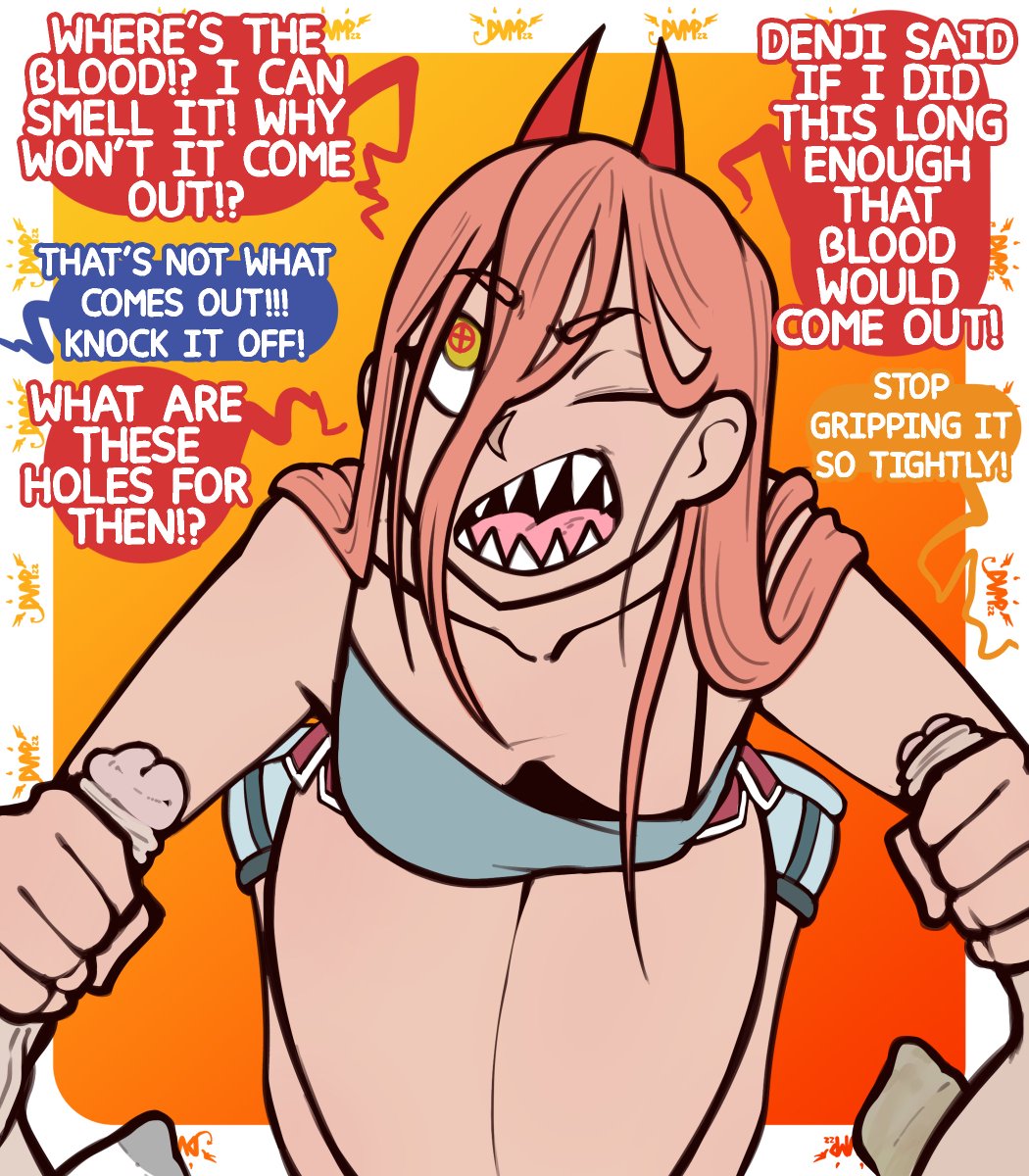 1girls 2boys chainsaw_man clothed demon demon_girl demon_horns denji_(chainsaw_man) double_handjob dumpsite english_text female female_focus handjob hayakawa_aki horns kneeling light-skinned_female light-skinned_male light_skin long_hair male mmf_threesome one_eye_closed orange_hair power_(chainsaw_man) sharp_teeth speech_bubble text threesome yellow_eyes