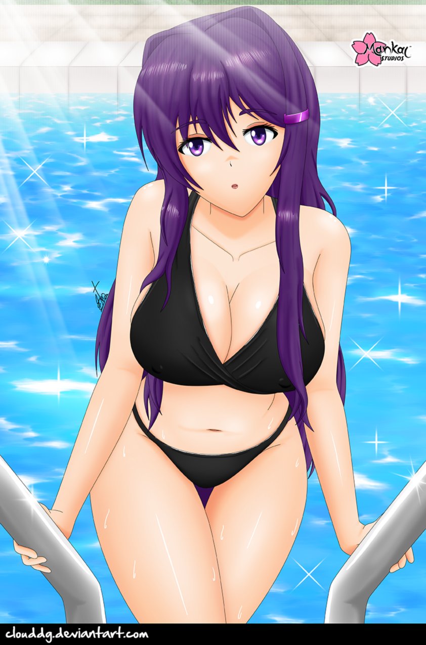 1girls bikini clouddg doki_doki_literature_club pool poolside purple_eyes purple_hair swimsuit swimwear yuri_(doki_doki_literature_club)