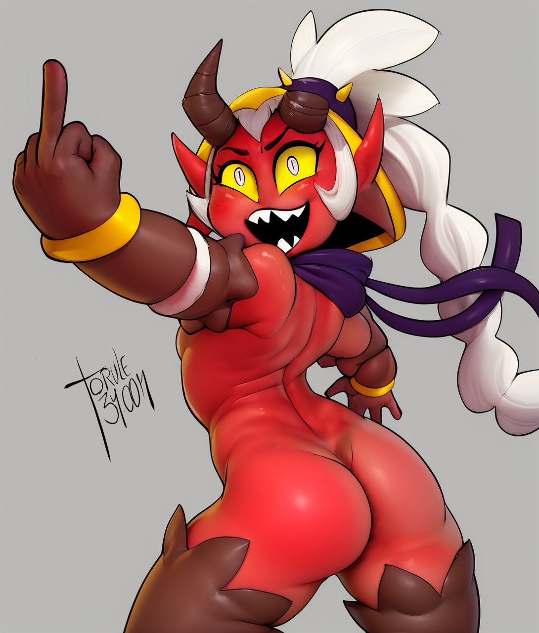 1girls ass ass_focus back big_ass brawl_stars broken_horn demon demon_girl female horns long_hair middle_finger ponytail red_skin smile torule34 white_hair willow_(brawl_stars) yellow_sclera