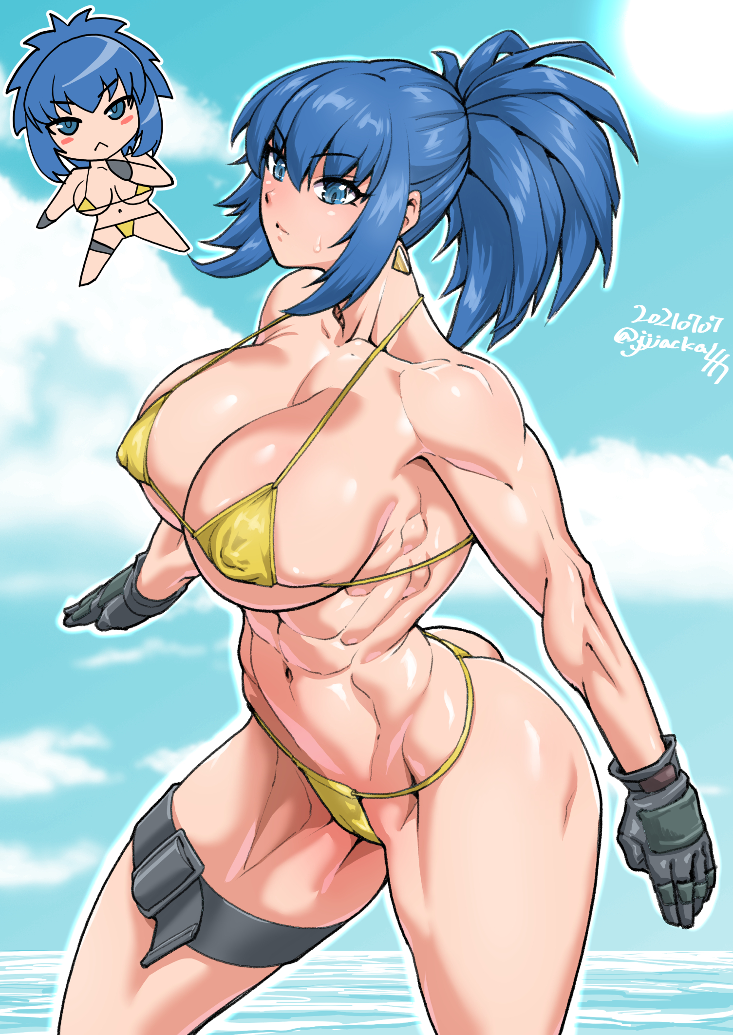 1girls, 2d, barely clothed, big ass, big breasts, blue eyes, blue hair, busty, chibi, cloud, clouds, digital media (artwork), earrings, female, gloves, jackasss, jjjackasss, king of fighters, leg strap, leona heidern, muscles, muscular, muscular female, nipples visible through clothing, ponytail, sea, snk, tactical gloves, tagme, thick thighs, toned, toned body, toned female, yellow bikini