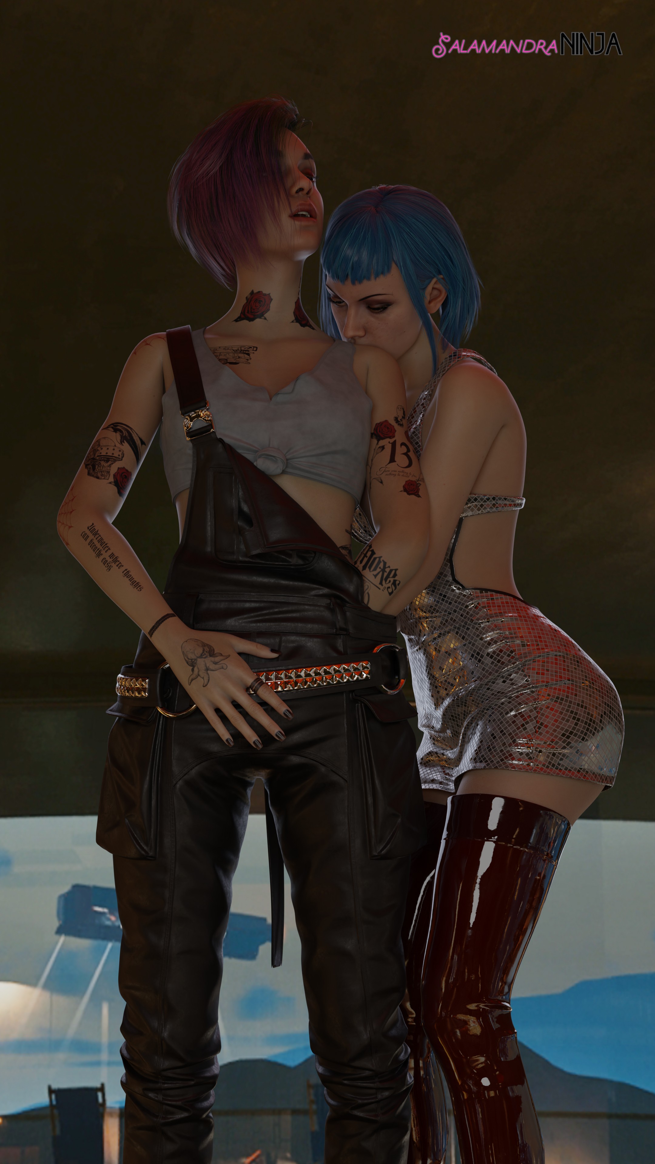 2girls, 3d, blender, blue hair, bob cut, cyberpunk 2077, evelyn parker, female, female only, fringe, hime cut, judy alvarez, medium hair, pale skin, salamandraninja, slim, small fringe, yuri