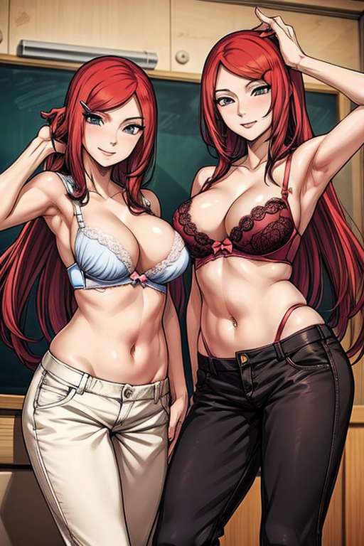 2girls ai_generated belly_button bra light-skinned_female looking_at_viewer midriff naruto_(series) navel red6161 red_hair uzumaki_kushina waistband