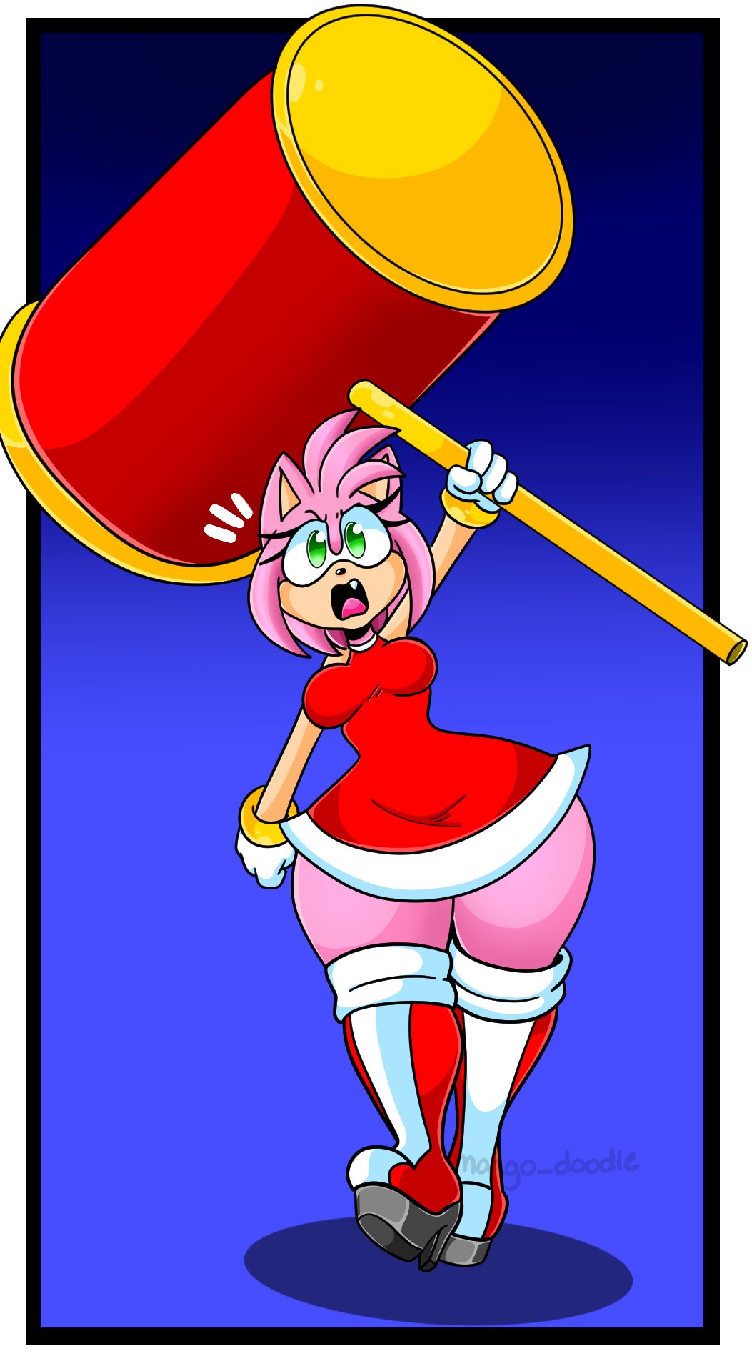 amy_rose angry angry_face bottom_heavy fangs fully_clothed hammer mango_doodling sega sonic_(series) thigh_boots wide_hips