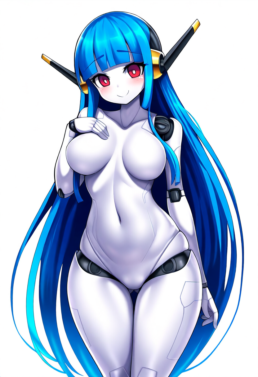 ai_generated blue_hair large_breasts long_hair nude original red_eyes robot_girl robot_joints smiling_at_viewer white_skin wide_hips