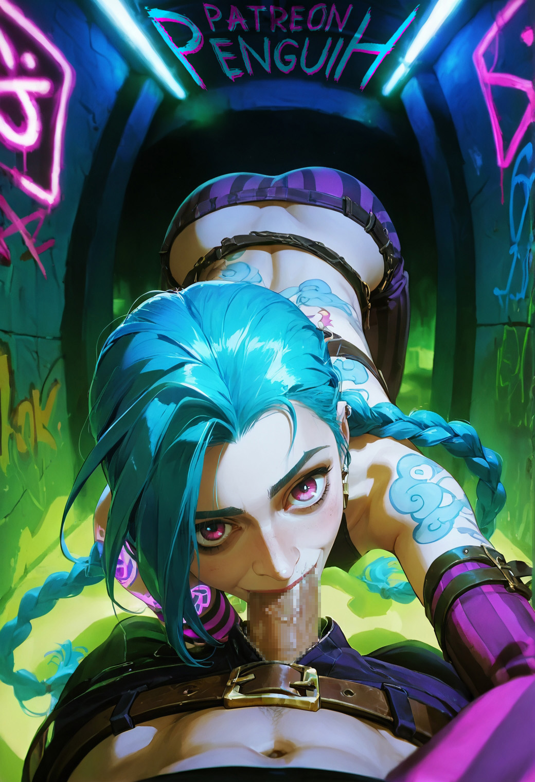 1boy 1girls ai_generated arcane arcane_jinx ass ass ass_up bending_over blowjob blue_hair braid braided_hair deepthroat female female_focus fisheye graffiti jinx_(league_of_legends) league_of_legends leaning_forward looking_at_viewer nail_polish neon_lights oral patreon_username penguih pink_eyes pixelated pov pov_eye_contact selfie slim_waist small_breasts smoke tattoo tattoos twintails