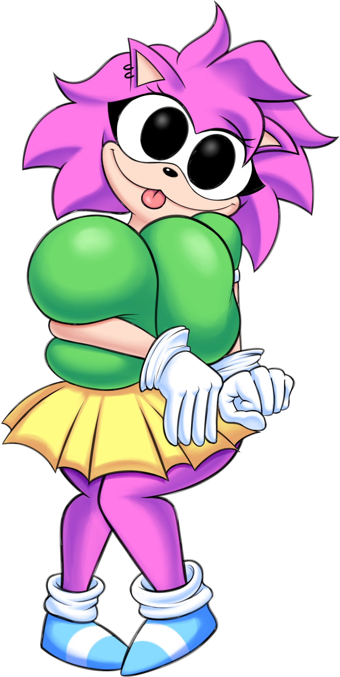 1treno1 amy_rose anatomically_incorrect big_eyes big_thighs black_eyes blue_shoes classic_amy_rose clothed cream_fur crossed_legs cute female female_only friday_night_funkin friday_night_funkin_mod full_body green_shirt huge_breasts liz_(treno) looking_at_viewer mobian mobian_(species) no_bra pamvllo piercings pink_fur sonic.exe_(series) squished_breasts teasing thick_thighs tongue tongue_out yellow_skirt