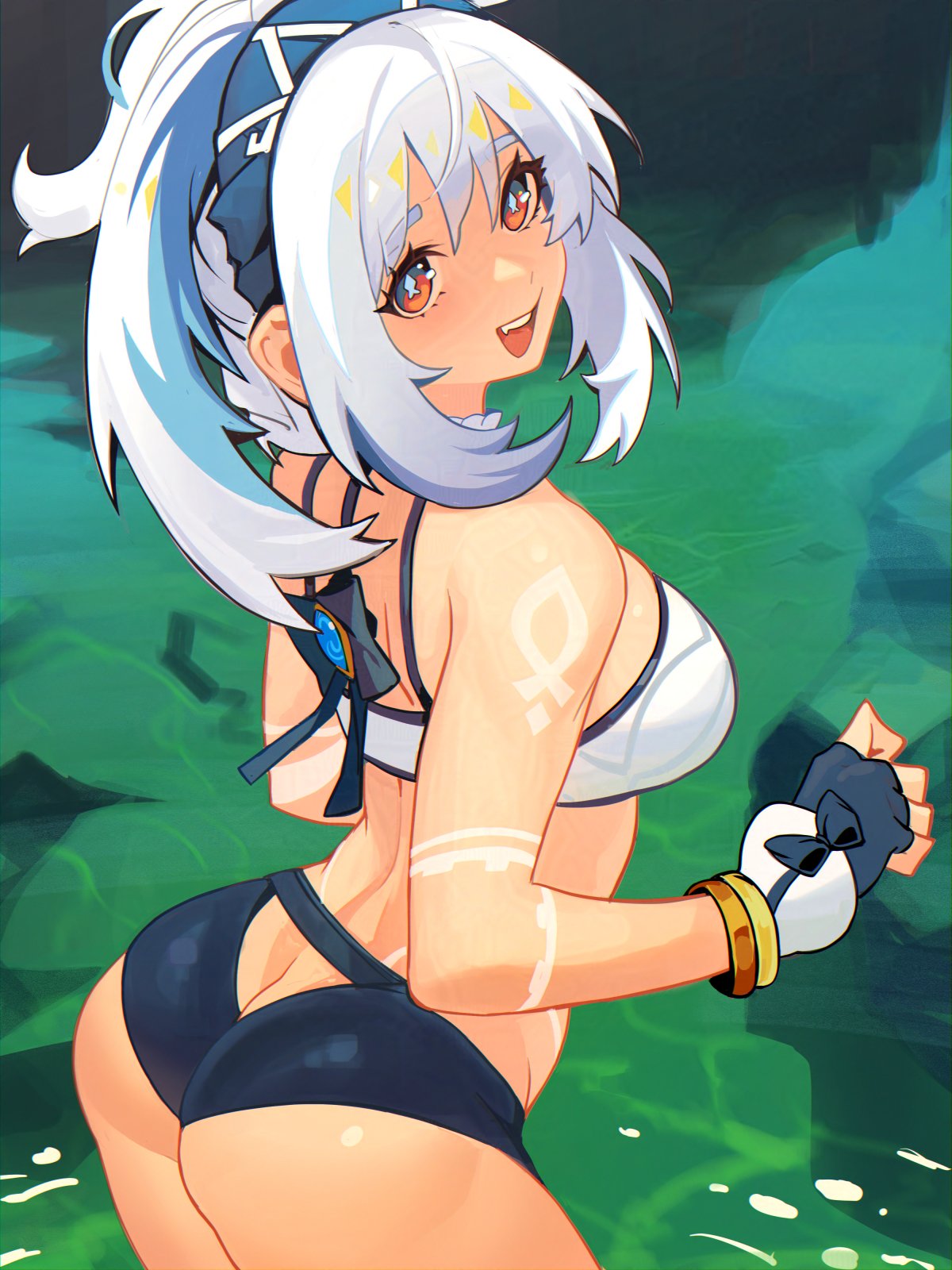 1girls 2024 2d 2d_(artwork) ass blue_hair blue_swimsuit day distrbeachboy female female_focus female_only genshin_impact gloves high_resolution highres hoyoverse looking_at_viewer medium_breasts medium_hair mihoyo mualani_(genshin_impact) open_mouth outdoors side_view slim_girl smiling smiling_at_viewer solo solo_female solo_focus standing standing_in_water swimsuit tan tan_body tanned tanned_female tanned_skin two_piece_swimsuit two_tone_hair vision_(genshin_impact) water white_hair young younger_female