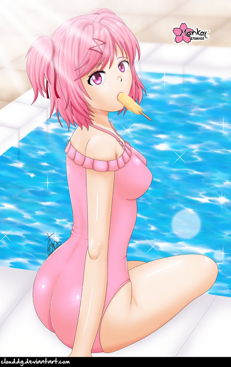 clouddg doki_doki_literature_club natsuki_(doki_doki_literature_club) one_piece_swimsuit pool poolside popsicle popsicle_in_mouth popsicle_melting swimsuit swimwear