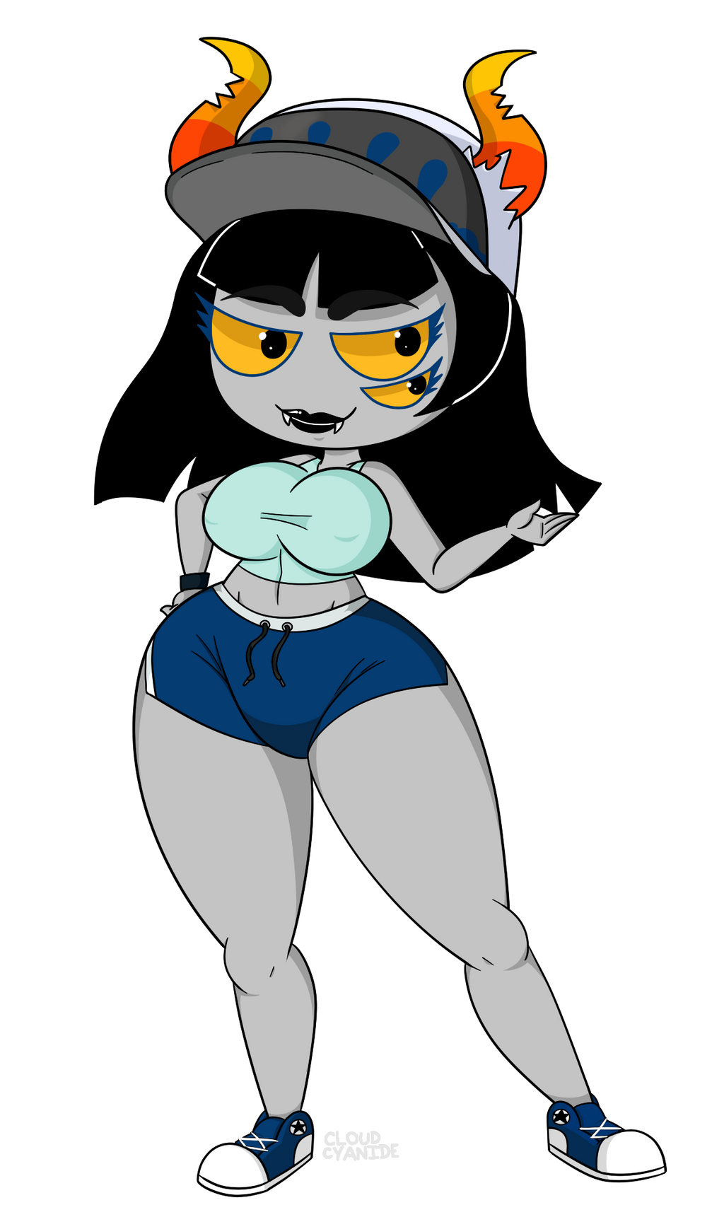 ardata_carmia black_hair breasts cap clothing cloudcyanide femele full_body grey_skin hips hiveswap horns long_hair ms_paint_adventures shorts thighs troll wide_hips