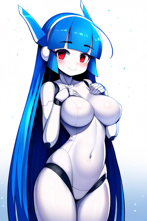 ai_generated blue_hair large_breasts long_hair nude original red_eyes robot_girl robot_joints smiling_at_viewer white_skin wide_hips