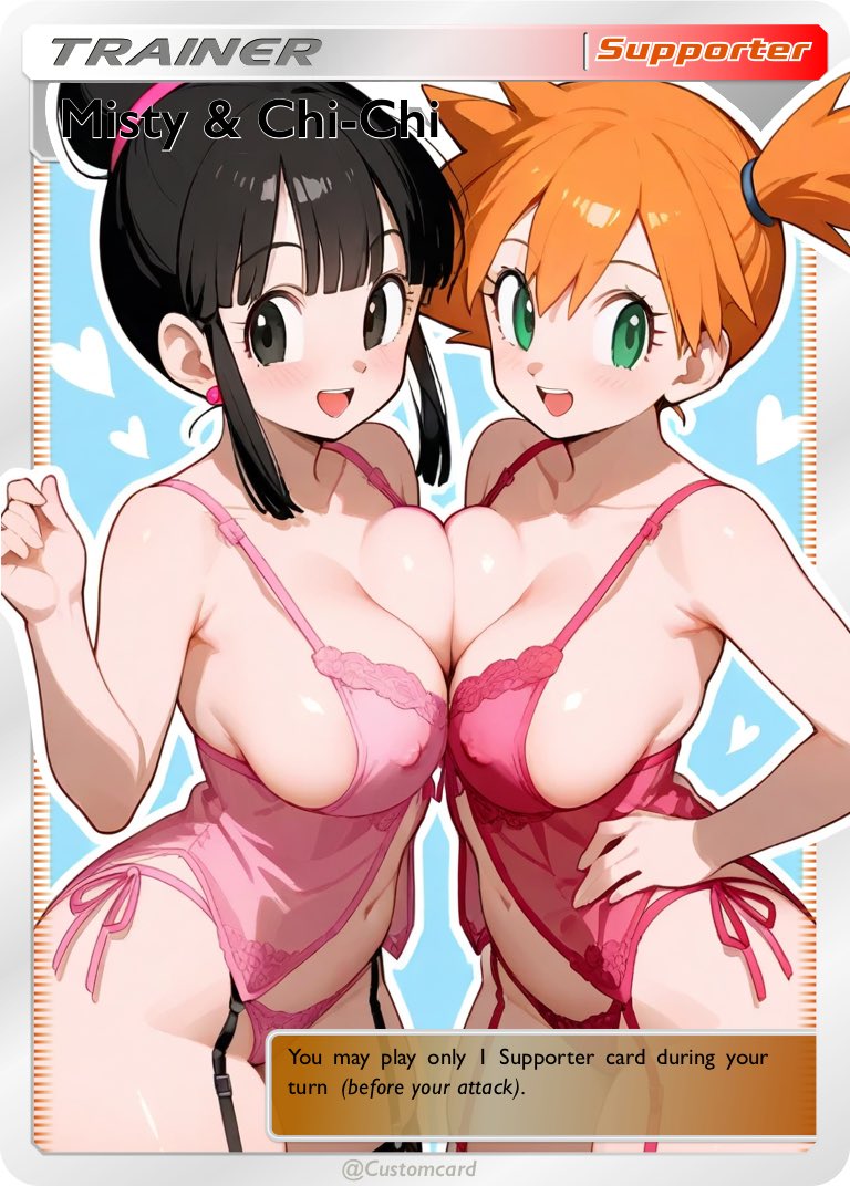 2girls :d ai_generated asymmetrical_docking asymmetrical_hair babydoll bangs bare_arms bare_shoulders black_eyes black_hair blush bra breast-to-breast breast_press breasts chichi clavicle cleavage clothing crossover curvaceous dragon_ball earrings english_language english_text female female_only garter_belt green_eyes hair_bun hand_on_hip heart highleg huge_breasts indoors jewelry kasumi_(pokemon) large_breasts legwear lingerie long_hair looking_at_viewer medium_breasts multiple_girls navel nightgown open-mouth_smile open_mouth orange_hair pantsu pink_panties pink_swimsuit pink_underwear pokemon ponytail short_hair side-tie_panties side_ponytail sidelocks sleepwear smile standing swimsuit symmetrical_docking teeth text thick_thighs thighhighs thighs tied_hair underwear underwear_only