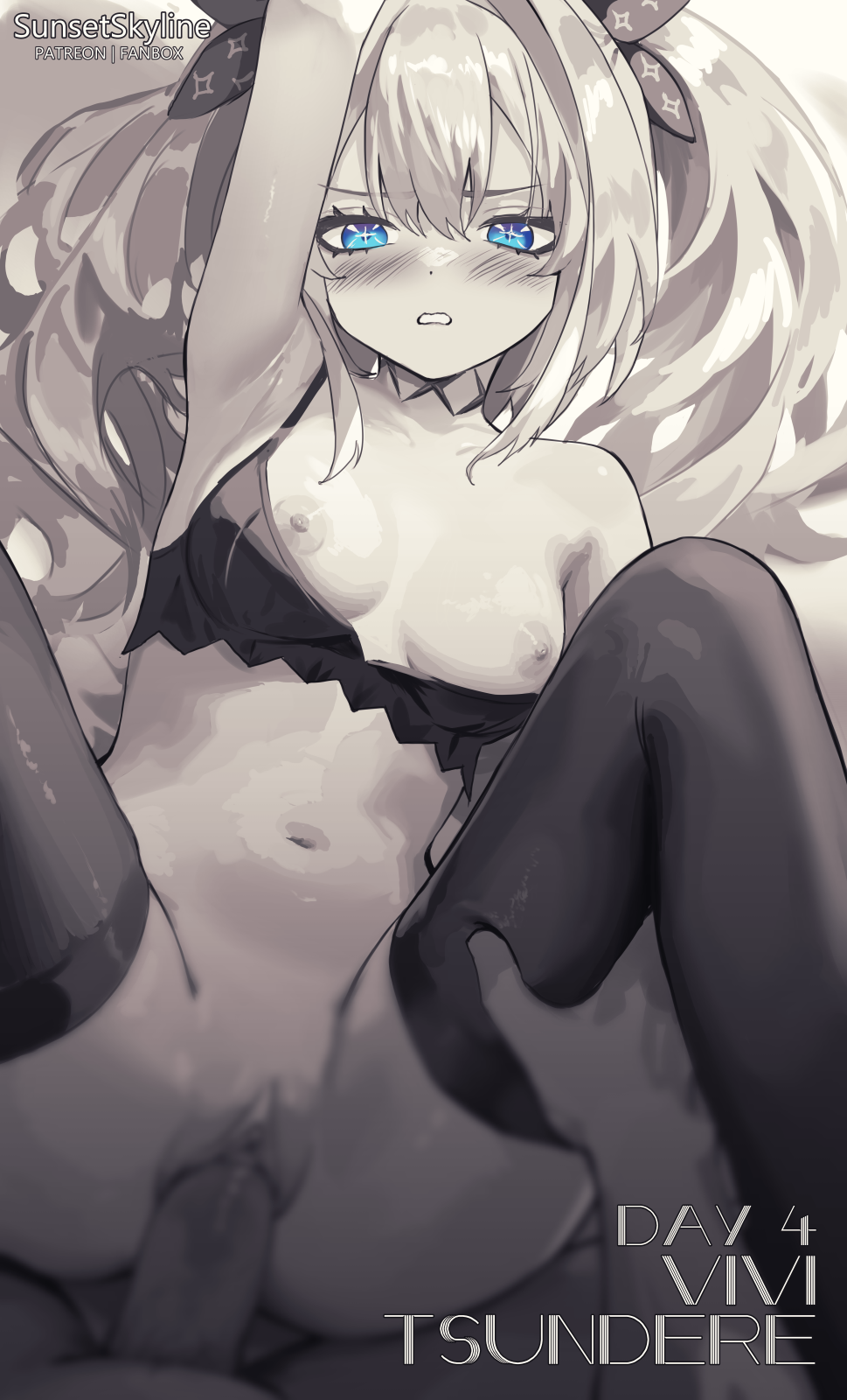 +_+ 1boy arm_up armpits artist_name blue_eyes blush bra breasts collarbone commentary dot_nose fanbox_username female greyscale hair_ribbon highres hololive hololive_dev_is kikirara_vivi long_hair monochrome no_panties patreon_username penis pussy ribbon sex solo_focus sparkle_print spot_color sunset_skyline thighhighs thighs underwear vaginal_penetration virtual_youtuber