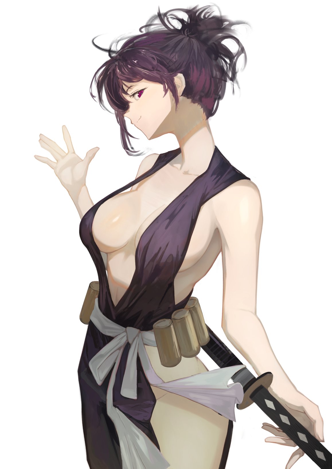 1girls breasts center_opening female hip_vent japanese_clothes jigokuraku katana kunoichi large_breasts ninja no_bra no_panties purple_eyes purple_hair revealing_clothes robe sideboob sino_(oyasumi_hf) sleeveless solo sword thighs waving weapon yuzuriha_(jigokuraku)