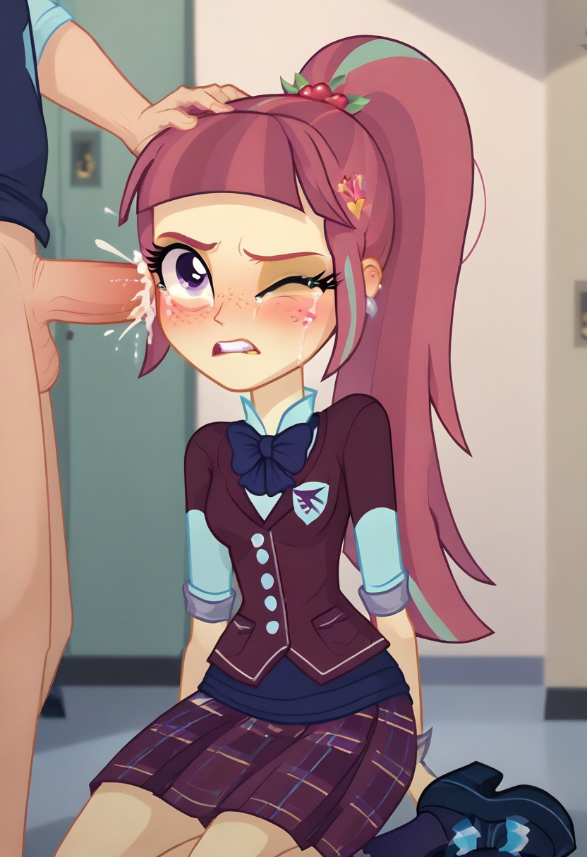 ai_generated blinking blush crying crystal_prep_academy_student cum ear_fuck ear_penetration ear_sex embarrassed equestria_girls female freckles friendship_games girl hasbro looking_at_viewer my_little_pony nw_th school_uniform sex sour_sweet_(eg) teeth