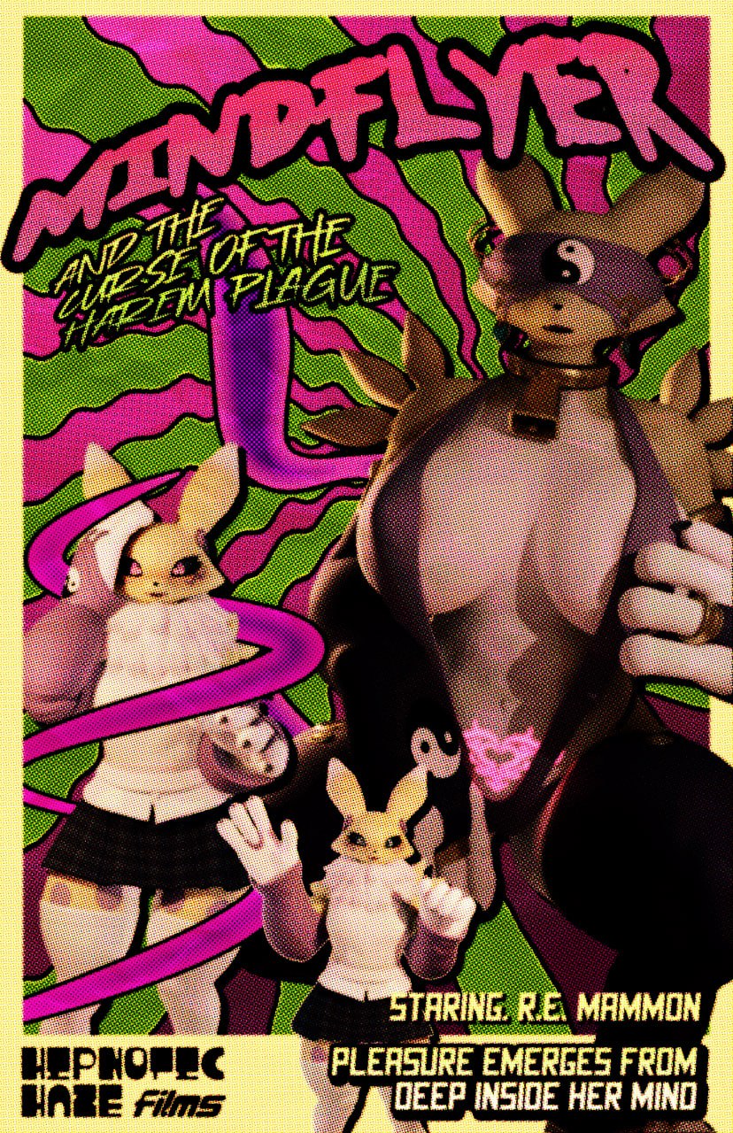 80's_theme anthro bandai_namco bottomwear breasts canid canine canis clothed clothing digimon digimon_(species) digital_media_(artwork) english_text female fur hair hi_res humanoid hypnosis hypnotic_haze_(artist) hypnovember looking_at_viewer mammal mind_control mind_flayer movie_poster poster renamon renamon_(dogzeela) solo tail text topwear white_body yellow_body