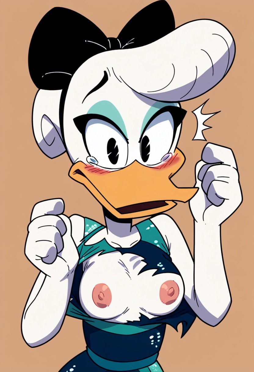 ai_generated blush daisy_duck ducktales_(2017) female female_only malfunction open_mouth suprised tearing_clothes tears torn_clothes wardrobe